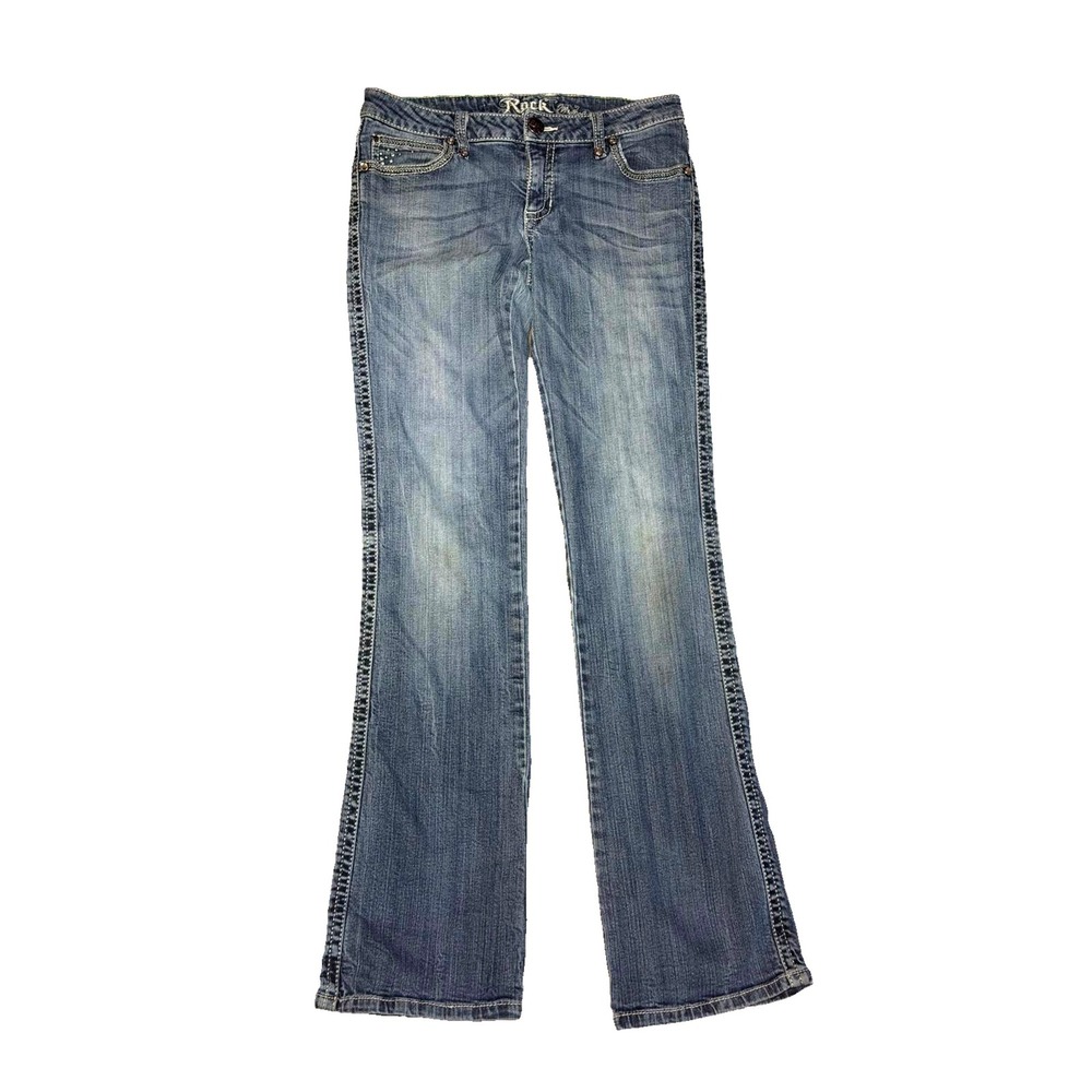 Rock 47 Wrangler Womens Bootcut Jeans Embroidered Rhinestone Medium Wash Denim